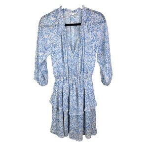 Endless Blu Tiered Ruffle 3/4 Sleeve Dress Tie Neck Blue Floral Tie Neck Mini S